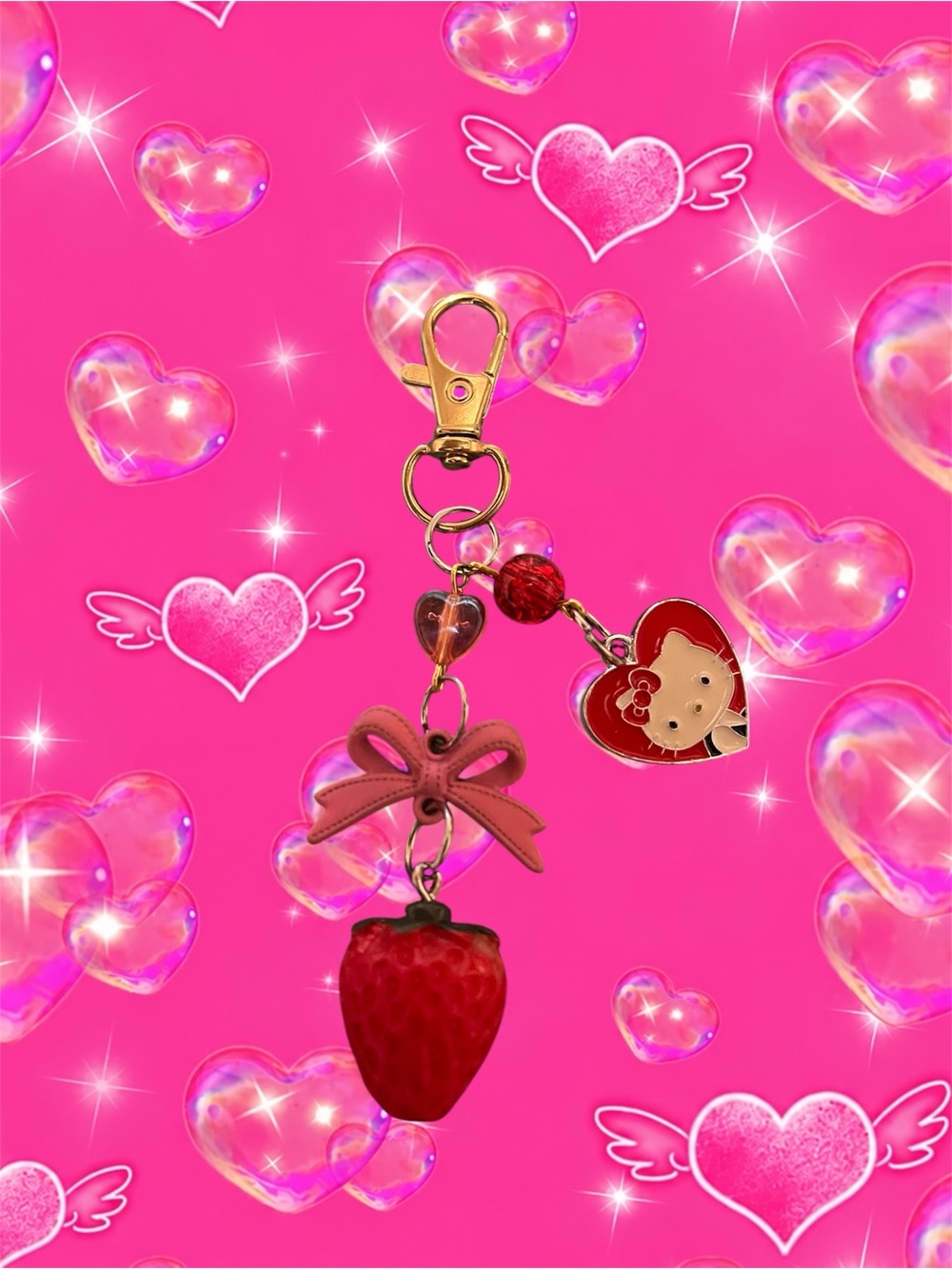 Hello Kitty Pink Bow Strawberry Charm Keychain - Pink Red Gold